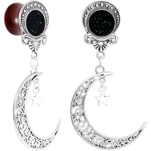 Load image into Gallery viewer, Handmade Beechwood Dark Crescent Moon Dangle Saddle Plug Set Sizes 8mm to 20mm