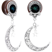 Load image into Gallery viewer, Handmade Beechwood Dark Crescent Moon Dangle Saddle Plug Set Sizes 8mm to 20mm