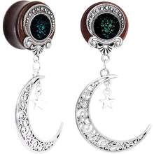 Load image into Gallery viewer, Handmade Beechwood Dark Crescent Moon Dangle Saddle Plug Set Sizes 8mm to 20mm