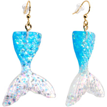 Load image into Gallery viewer, Handcrafted Blue White Glitter Mermaids Tail Fishhook Dangle Earrings