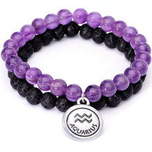 Load image into Gallery viewer, Handmade Lava Stone Amethyst Aquarius Zodiac Bracelet Set of 2