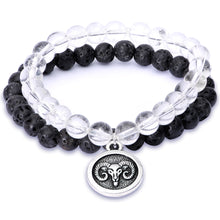 Load image into Gallery viewer, Handmade Lava Stone Clear Quartz Aries Zodiac Bracelet Set of 2