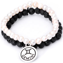 Load image into Gallery viewer, Handmade Lava Stone Freshwater Pearl Gemini Zodiac Bracelet Set of 2
