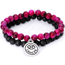 Load image into Gallery viewer, Handmade Lava Stone Fuschia Tigers Eye Cancer Zodiac Bracelet Set of 2