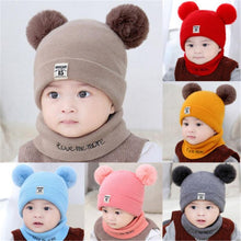 Load image into Gallery viewer, 2 Pieces Baby Beanies Cap and Scarf Set Baby Kid Solid Color Plush Ball Baby Girls Hat And Scarf Set For Boys and Girls Kids In Modern Design