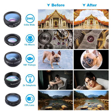 Load image into Gallery viewer, APEXEL 10in1 Phone Camera Lens Kit Fisheye Wide Angle Telescope Macro Mobile Lenses For iPhone Samsung Redmi 7 Huawei Cell Phone