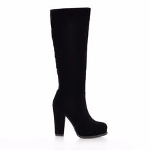 Load image into Gallery viewer, Women's Winter High Boots Fashion Flock Knee High Boots Women Knight Boots Black Thick High Heels Zipper Round Toe Ladies Shoes