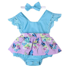 Load image into Gallery viewer, Summer Princess Floral Romper Dress For Baby Girl with Lace Sleeve+Headband For Little Princess