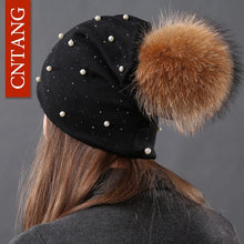 Load image into Gallery viewer, CNTANG 2022 Women's Fashion Hat Autumn Winter Rhinestones Pearl Hats Female Beanies Natural Raccoon Fur Pompom Cotton Warm Caps