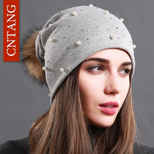Load image into Gallery viewer, CNTANG 2022 Women's Fashion Hat Autumn Winter Rhinestones Pearl Hats Female Beanies Natural Raccoon Fur Pompom Cotton Warm Caps