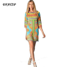 Load image into Gallery viewer, EFATZP Autumn Brand Jersey Silk Dress Women's 3/4 Sleeves Colorful Geometric Print Knee Length Dress