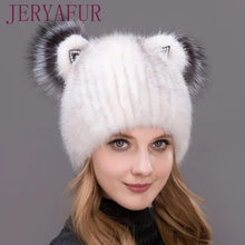 Load image into Gallery viewer, JERYAFUR Winter Women's Mink Hat Vertical Weaving Hat Genuine Natural Fox Mink Fur Cap Lovely Cat Ears Style Hats