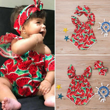 Load image into Gallery viewer, 2PCS Newborn Baby Girl Watermelon Summer Cute Bodysuit Jumpsuit Outfit WIth Bow For Girls