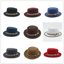 Load image into Gallery viewer, Retro Winter Wool Boater Flat Top Hat For Women's Men' Felt Chapeu de Feltro Gambler Prok Pie Fedora Hat With Fashion Bowkno 20