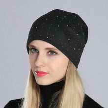 Load image into Gallery viewer, Geebro Women's Beanie Hat with Rhinestones Ladies Spring Plain Color Cotton Knitted Slouchy Beanies Bonnet Female Skull Beanie