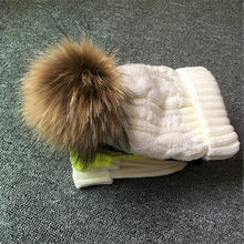 Load image into Gallery viewer, 2022 Women's hats Add velvet Fleece Inside Beanies Winter Hats for women 100% Raccoon Fur Pompom Hat Female Twist pattern caps