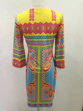 Load image into Gallery viewer, EFATZP Autumn Brand Jersey Silk Dress Women's 3/4 Sleeves Colorful Geometric Print Knee Length Dress