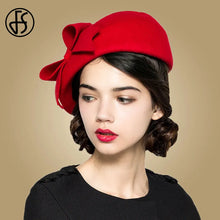 Load image into Gallery viewer, FS Elegant Beret Women's Wool Felt Fascinators Fedora Red Church Hats White Black Wedding Ladies Hat Bow Caps Pillbox Hat Korean