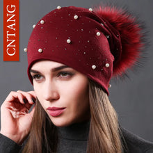 Load image into Gallery viewer, CNTANG 2022 Women's Fashion Hat Autumn Winter Rhinestones Pearl Hats Female Beanies Natural Raccoon Fur Pompom Cotton Warm Caps