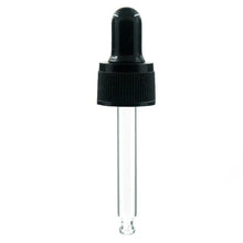 Load image into Gallery viewer, 18-410 glass dropper black/white ribbed skirt plastic/aluminum Cap assembly with rubber bulb and glass pipette X10