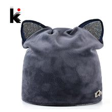 Load image into Gallery viewer, Autumn Winter Women's Beanies Cat Hat Ladies Warm Velvet Skullies Cap With Flashing Rhinestone Ear Flaps Girls Cute Bonnet Touca