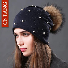 Load image into Gallery viewer, CNTANG 2022 Women's Fashion Hat Autumn Winter Rhinestones Pearl Hats Female Beanies Natural Raccoon Fur Pompom Cotton Warm Caps