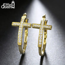 Load image into Gallery viewer, Effie Queen Hot Sale Big Hoop Earrings with CZ Diamonds Classic Cross Style Clip Design Women's Earring Jewelry Gift DE142