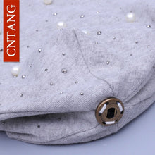 Load image into Gallery viewer, CNTANG 2022 Women's Fashion Hat Autumn Winter Rhinestones Pearl Hats Female Beanies Natural Raccoon Fur Pompom Cotton Warm Caps