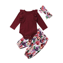 Load image into Gallery viewer, 3Pcs Baby Girls Flying sleeves Bodysuit and Floral Lace-up Pants ,Headwear Set WIth Jumpsuit and Bow In Elegant Luxury Modern Print Deign For Baby Girls and Girls Kids