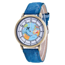 Load image into Gallery viewer, Fashion Casual Watches Women Casual Wristwatch Personality World Map With Airplane Pattern Cowboy Band Quartz Watch For Woman and Girls