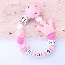 Load image into Gallery viewer, Pink Silicone Personalised Name Baby Pacifier Clips Crochet Beads Silicone Crown Pacifier Chain Holder For Kids and Baby Pacifier