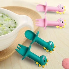 Load image into Gallery viewer, New Baby Feeding Spoon Fork Set Short Easy Cartoon Dinosaur Soft Silicone Teether Toys Non-hurt Training Tableware