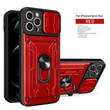 Load image into Gallery viewer, Heavy Duty Armor Case Card Pocket for iPhone 11 Pro 7 8 Plus Magnetic Phone Holder Cover Slide Lens Protection Design Card Holder Slot With Rotating Ring Armor Bumper Shockproof Case