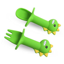 Load image into Gallery viewer, New Baby Feeding Spoon Fork Set Short Easy Cartoon Dinosaur Soft Silicone Teether Toys Non-hurt Training Tableware