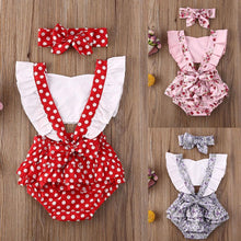 Load image into Gallery viewer, Luxury Modern Newborn Baby Girl Clothes Polka Dot Print Flower Fly Sleeve Romper Jumpsuit Headband 2Pcs Outfits For Girls
