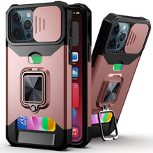 Load image into Gallery viewer, Slide Camera Cover Kickstand Card Wallet Case for iPhone11 X XS 8 Shockproof Protective Phone Case Wallet Case for iPhone With Sliding Camera Case With Kickstand Magnetic Adjustable Ring Holder