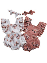 Load image into Gallery viewer, Modern 0-24M Newborn Baby Girls Flowers Print Ruffles Short Sleeve Jumpsuits Headband For Girls