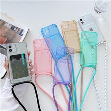 Load image into Gallery viewer, Transparent Wallet Case for iPhone 13 12 11 Pro Xs Max Shockproof Card Crossbody Lanyard Rope Strap Cover Transparent Soft Case Necklace Phone Cover Colorful Case & Adjustable Strap