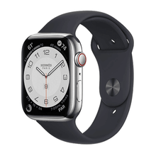 Load image into Gallery viewer, Hermes Apple Watch Series 7 GPS/ Cellular 41 mm - Stainless Steel - Black Silicone Watch Band