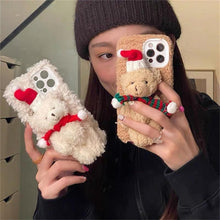 Load image into Gallery viewer, Cute Fluffy Santa 3D Teddy Bear Plush Christmas Case For Iphone 13 12 11 Pro Xs Max X Xr 7 8 Plus Se3 Shockproof Soft Cover Super Soft Winter Warm Funny Rabbit Ears Faux Fur Plush Fluffy Cover