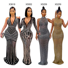 Load image into Gallery viewer, Wholesale Long Sleeve v Neck Rhinestone Party Dress Black Maxi Dress Women Evening Dresses
