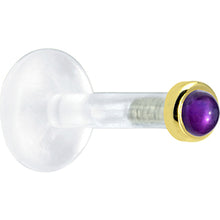 Load image into Gallery viewer, Solid 14K Yellow Gold 2mm Genuine Amethyst Bioplast Push in Labret