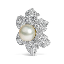 Load image into Gallery viewer, 18K White Gold 2 3/4 Cttw Diamond and 12.5 MM Cultured Freshwater Pearl Floral Brooch Pin (G-H Color, VS1-VS2 Clarity)