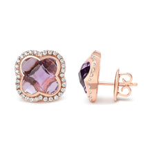 Load image into Gallery viewer, 18K Rose Gold 3/8 Cttw Diamond and 11x11mm Clover-Cut Purple Amethyst Gemstone Clover Halo Stud Earrings (G-H Color, SI1-SI2 Clarity)