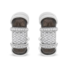Load image into Gallery viewer, 18K White Gold Flash Plated .925 Sterling Silver Clear Graphite Grey Enamel 5/8 Cttw Round Diamonds Huggie Hoop Earrings (F-G Color, VS1-VS2 Clarity)