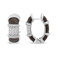 Load image into Gallery viewer, 18K White Gold Flash Plated .925 Sterling Silver Clear Graphite Grey Enamel 5/8 Cttw Round Diamonds Huggie Hoop Earrings (F-G Color, VS1-VS2 Clarity)