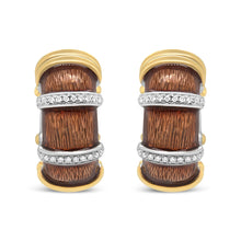 Load image into Gallery viewer, 18K Yellow and White Gold Flash Plated .925 Sterling Silver Clear Brown Enamel 9/10 Cttw Round Diamonds Huggie Hoop Earrings (F-G Color, VS1-VS2 Clarity)