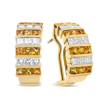 Load image into Gallery viewer, 18K Yellow Gold 1 3/4 Cttw Invisible Set Princess Cut Diamond and 2.5mm Yellow Sapphire Huggie Hoop Earrings (F-G Color, VS1-VS2 Clarity)