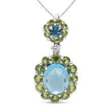 Load image into Gallery viewer, 18k White Gold 0.05 Cttw Round Diamond and Blue Topaz and Green Peridot Gemstone Halo Drop 18" Pendant Necklace (F-G Color, VS1-VS2 Clarity)