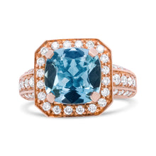 Load image into Gallery viewer, 18K Rose Gold 10x10mm Cushion Shaped Aquamarine and 1 1/8 Cttw Round Diamond Halo Ring (F-G Color, VS1-VS2 Clarity) - Ring Size 6.5